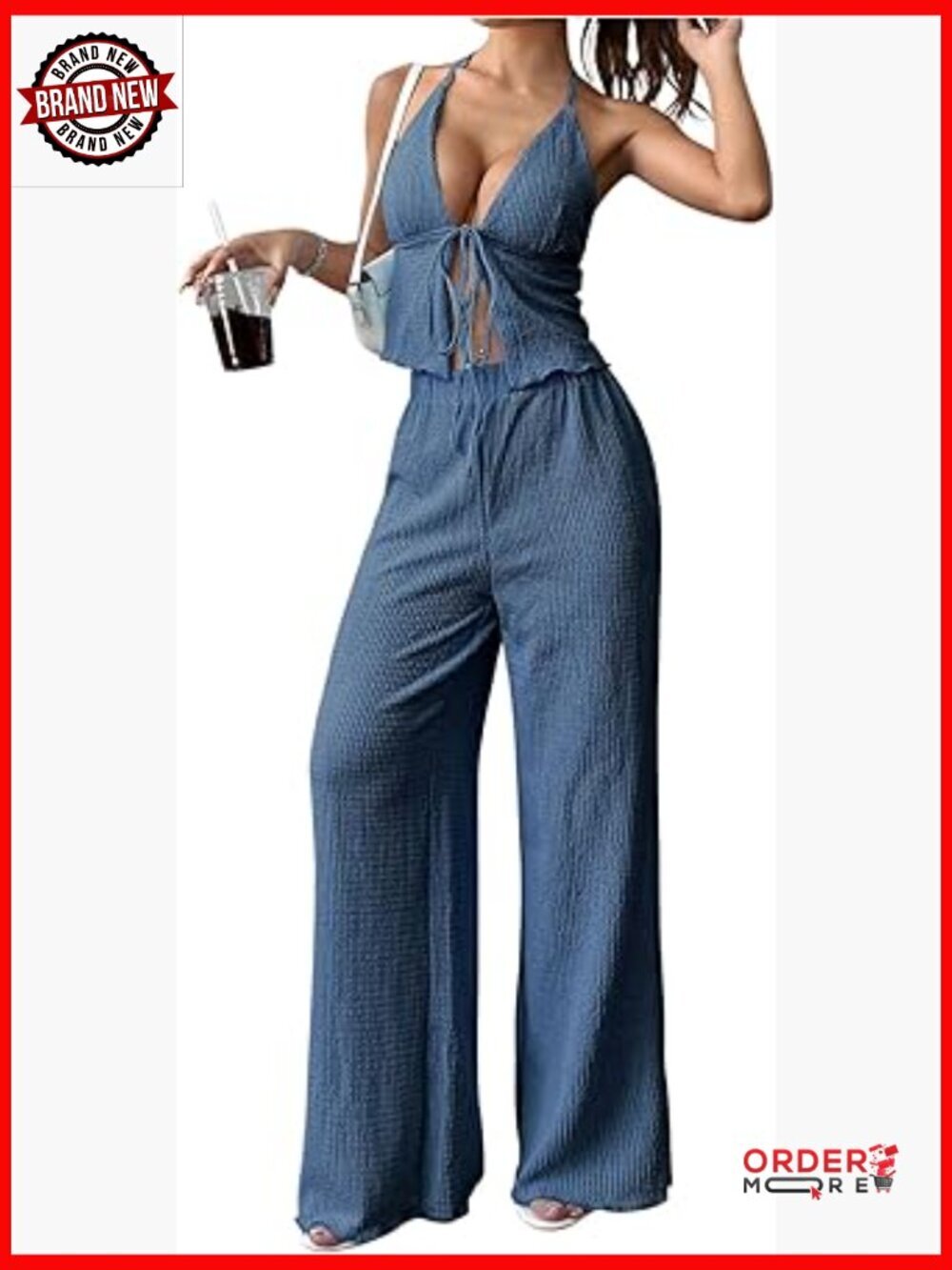 Sexy 2 Piece Outfits Sleeveless Halter Top and Wide Leg Pants Set